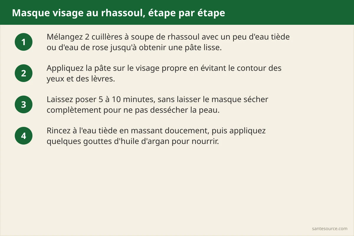 Étapes du masque au rhassoul pour le visage : mélange, pose courte, rinçage, huile