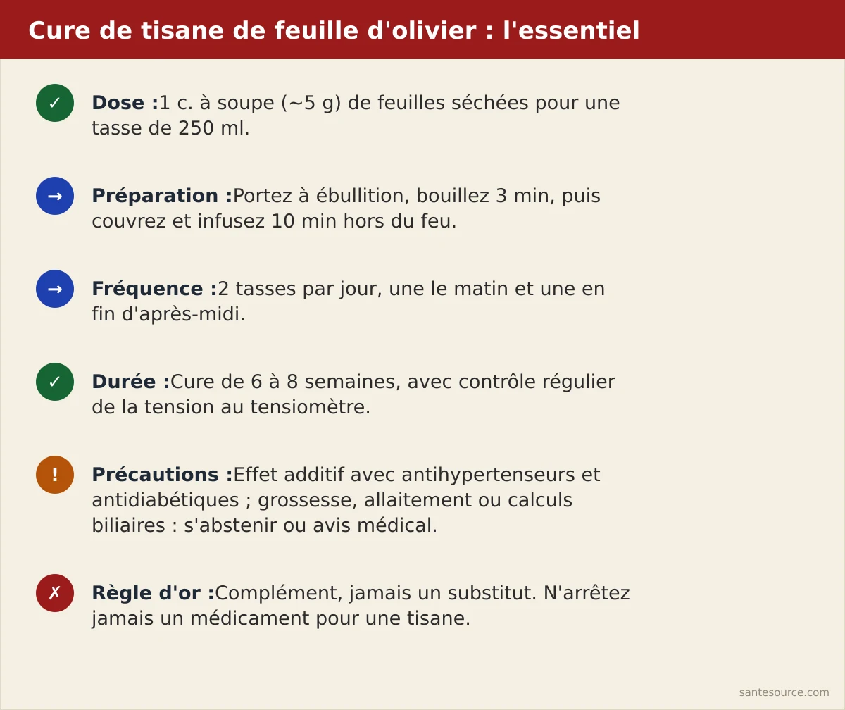 Récapitulatif de la cure de tisane de feuille d'olivier : dose, durée, précautions