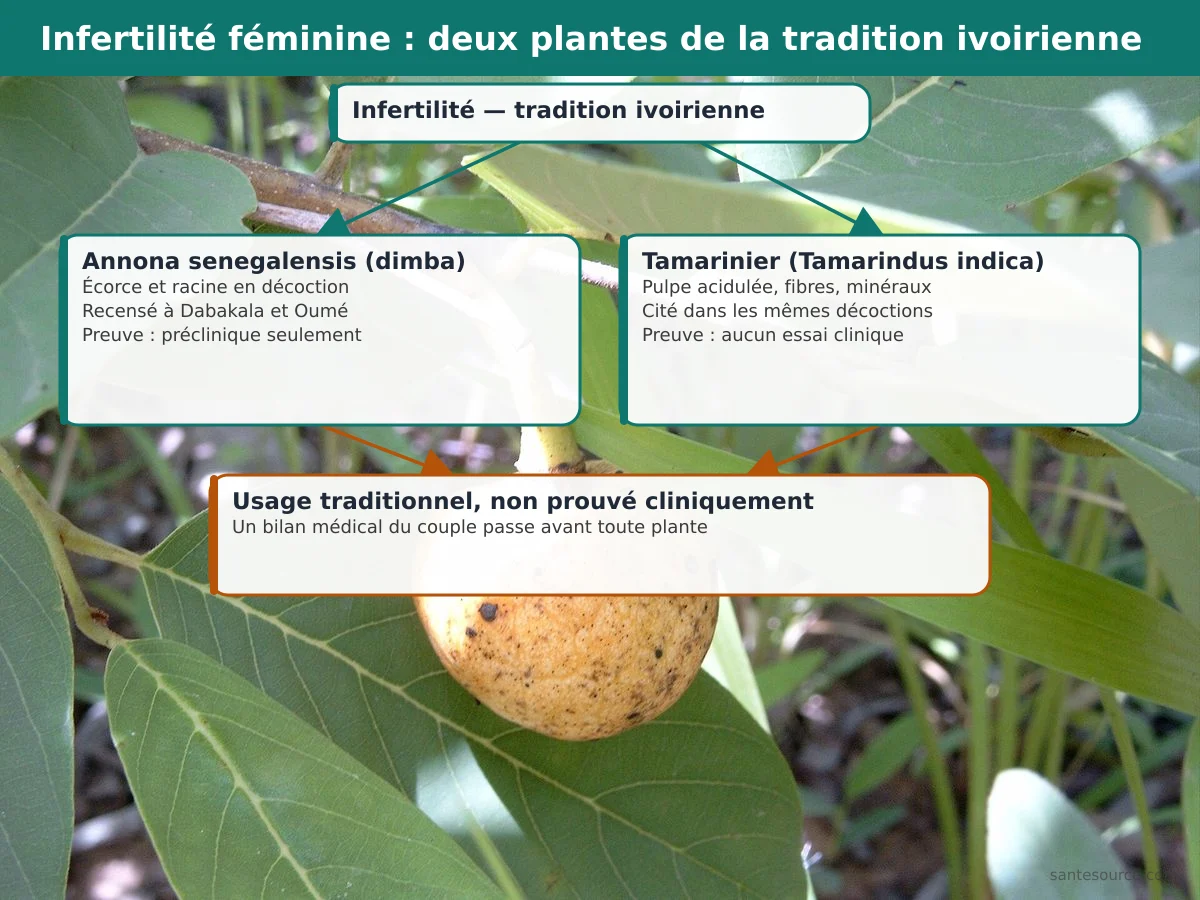 Carte mentale reliant l'Annona senegalensis (dimba) et le tamarinier à leur usage traditionnel contre l'infertilité féminine en Côte d'Ivoire