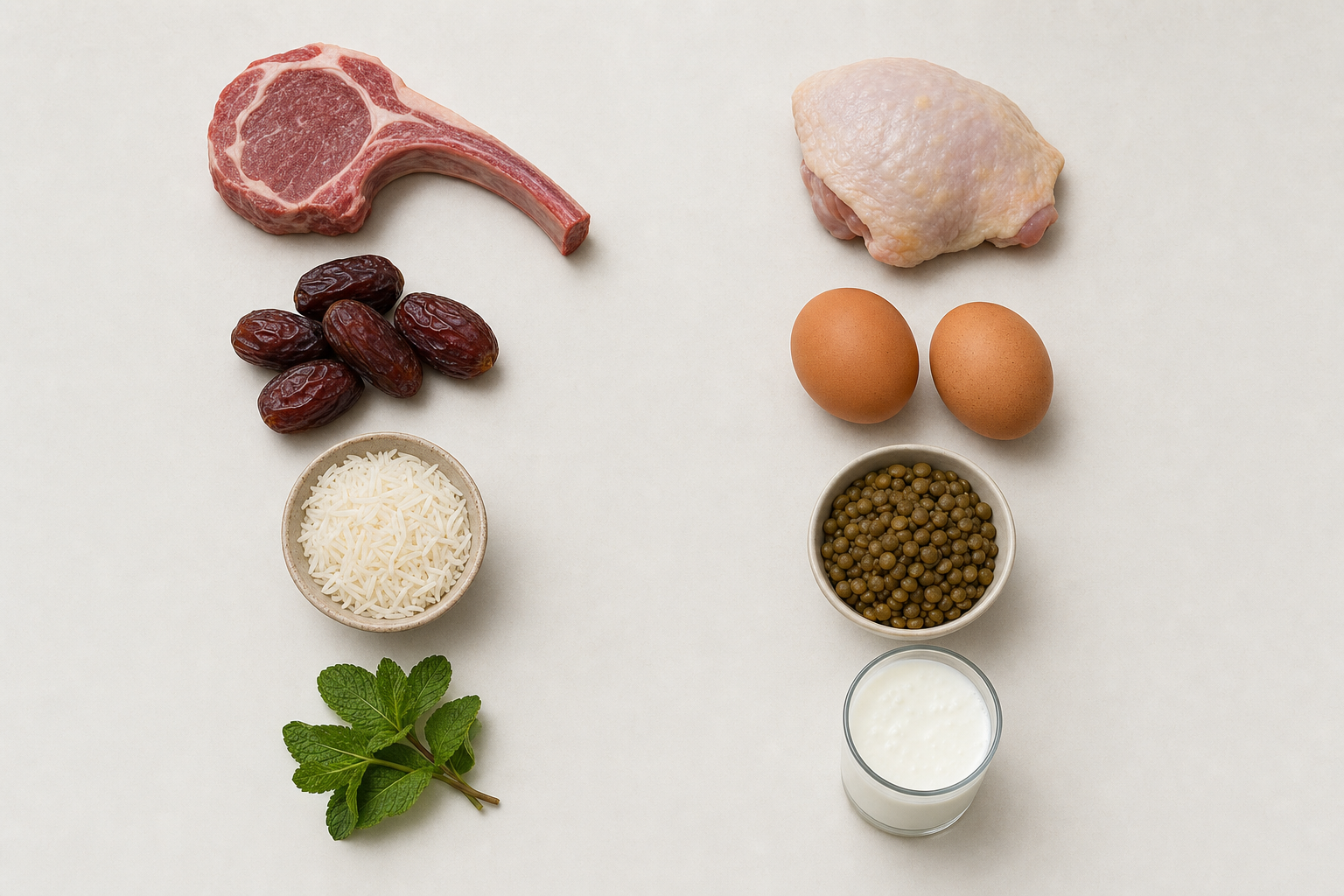 Grille comparant huit aliments autorisés et interdits du régime Tayibat sur fond neutre