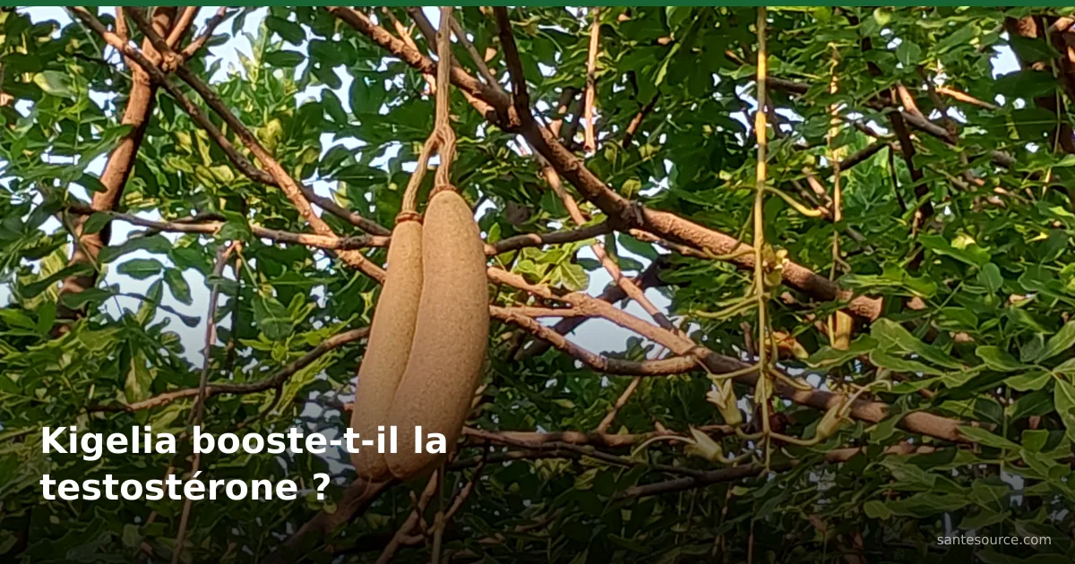 Fruits en forme de saucisse du Kigelia africana (saucissonnier) suspendus dans le feuillage vert de l'arbre