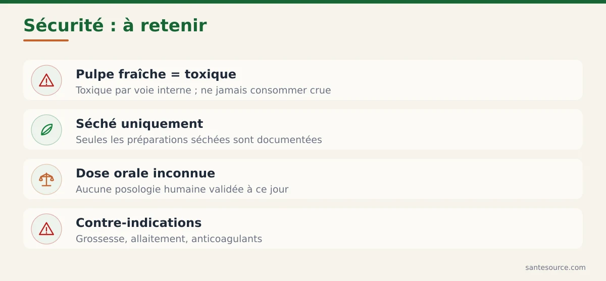 Récapitulatif sécurité du Kigelia africana : pulpe fraîche toxique, séché uniquement, contre-indications grossesse et anticoagulants