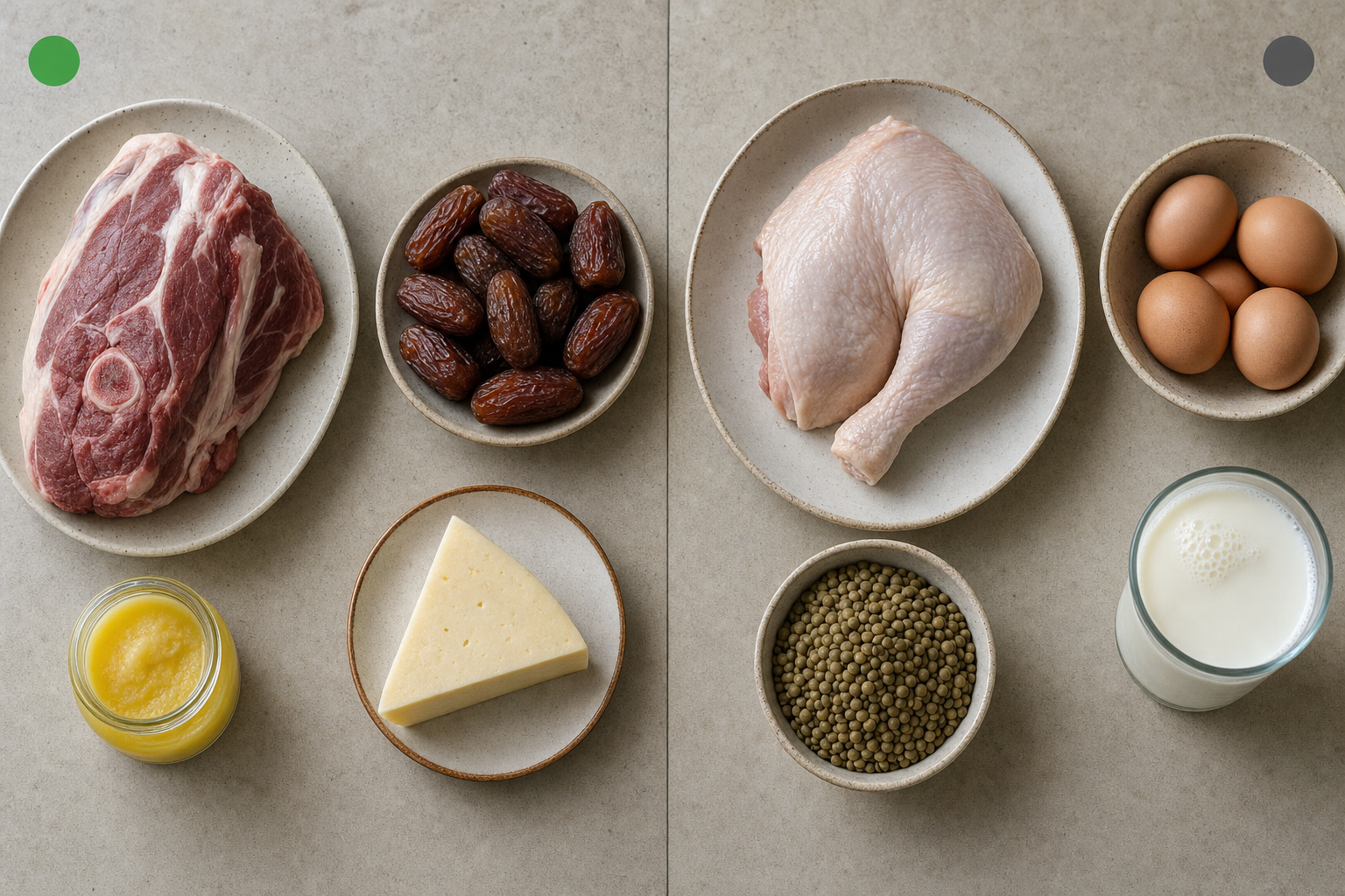 Composition comparant les aliments autorisés du régime Tayibat (agneau, dattes, ghee, akawi) face aux aliments interdits (poulet, œufs, lentilles, lben)