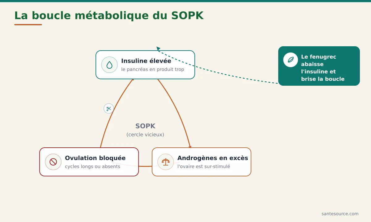 Schéma en boucle montrant comment l'excès d'insuline stimule les androgènes ovariens et bloque l'ovulation dans le SOPK