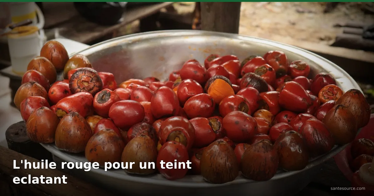 Fruits rouges du palmier a huile dans une bassine, source de l huile de palme rouge pour l eclat de la peau