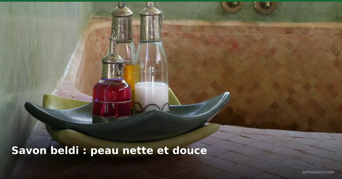 Coin de hammam marocain traditionnel avec flacons et vasque en zellige, rituel du savon beldi pour une peau douce