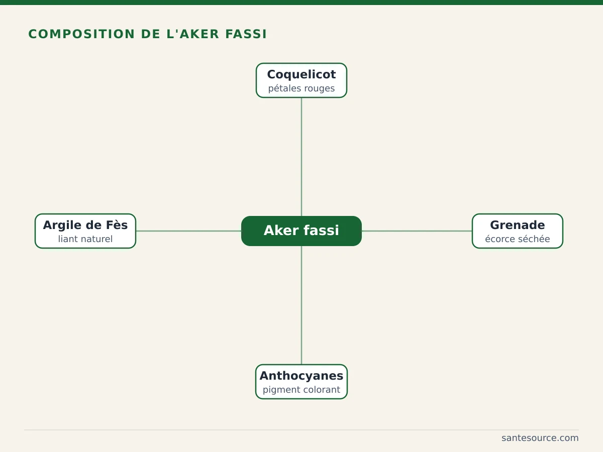 Composition de l'aker fassi : pétales de coquelicot et écorce de grenade riches en anthocyanes, liés à l'argile de Fès
