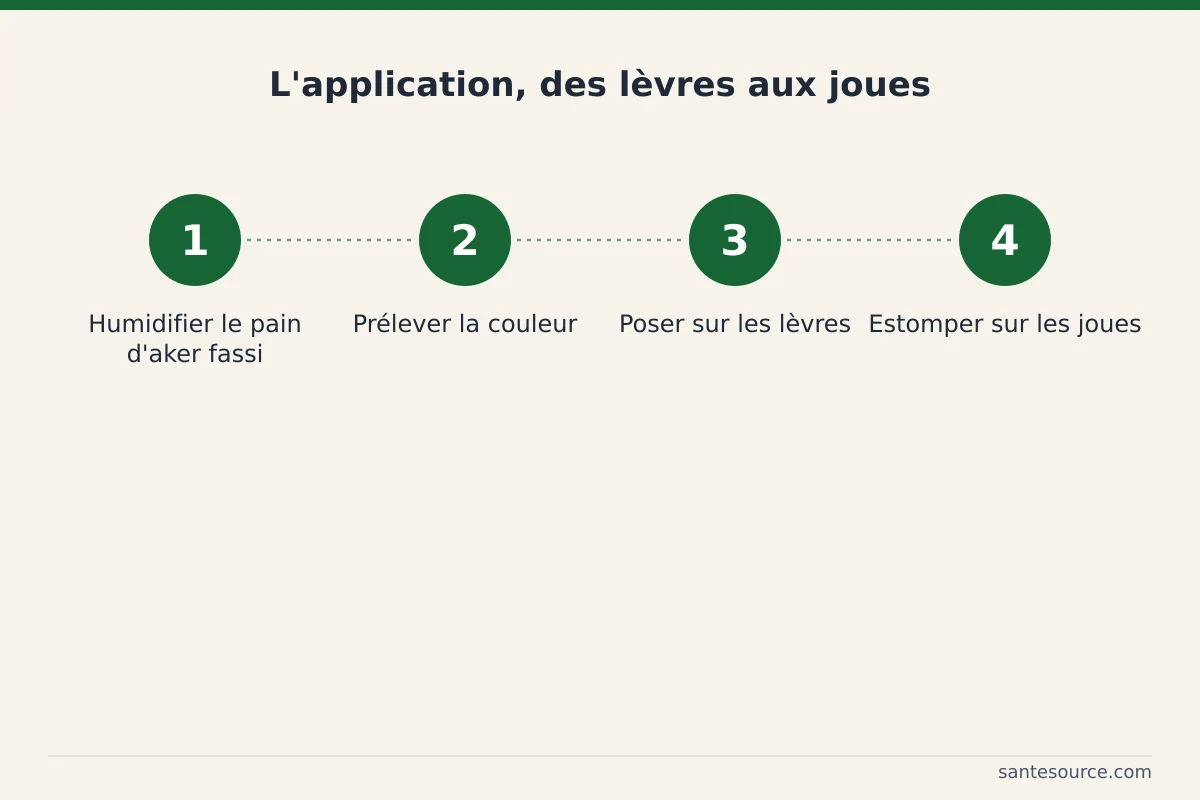 Étapes d'application de l'aker fassi : humidifier le pain, prélever la couleur, poser sur lèvres puis joues