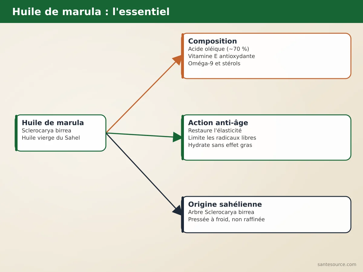 Carte mentale des bienfaits de l'huile de marula : acide oléique, vitamine E, anti-âge, origine sahélienne Sclerocarya birrea