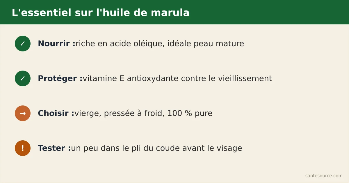 Récapitulatif des points clés sur l'huile de marula : nourrir, protéger, choisir vierge pressée à froid, tester avant usage