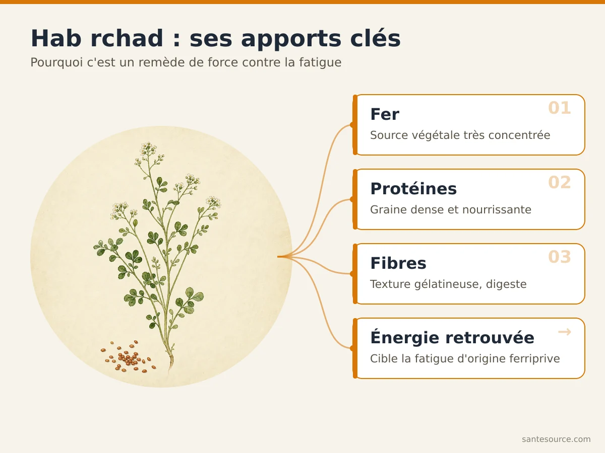 Carte des apports nutritionnels du hab rchad : fer, protéines, fibres et leur lien avec l'énergie