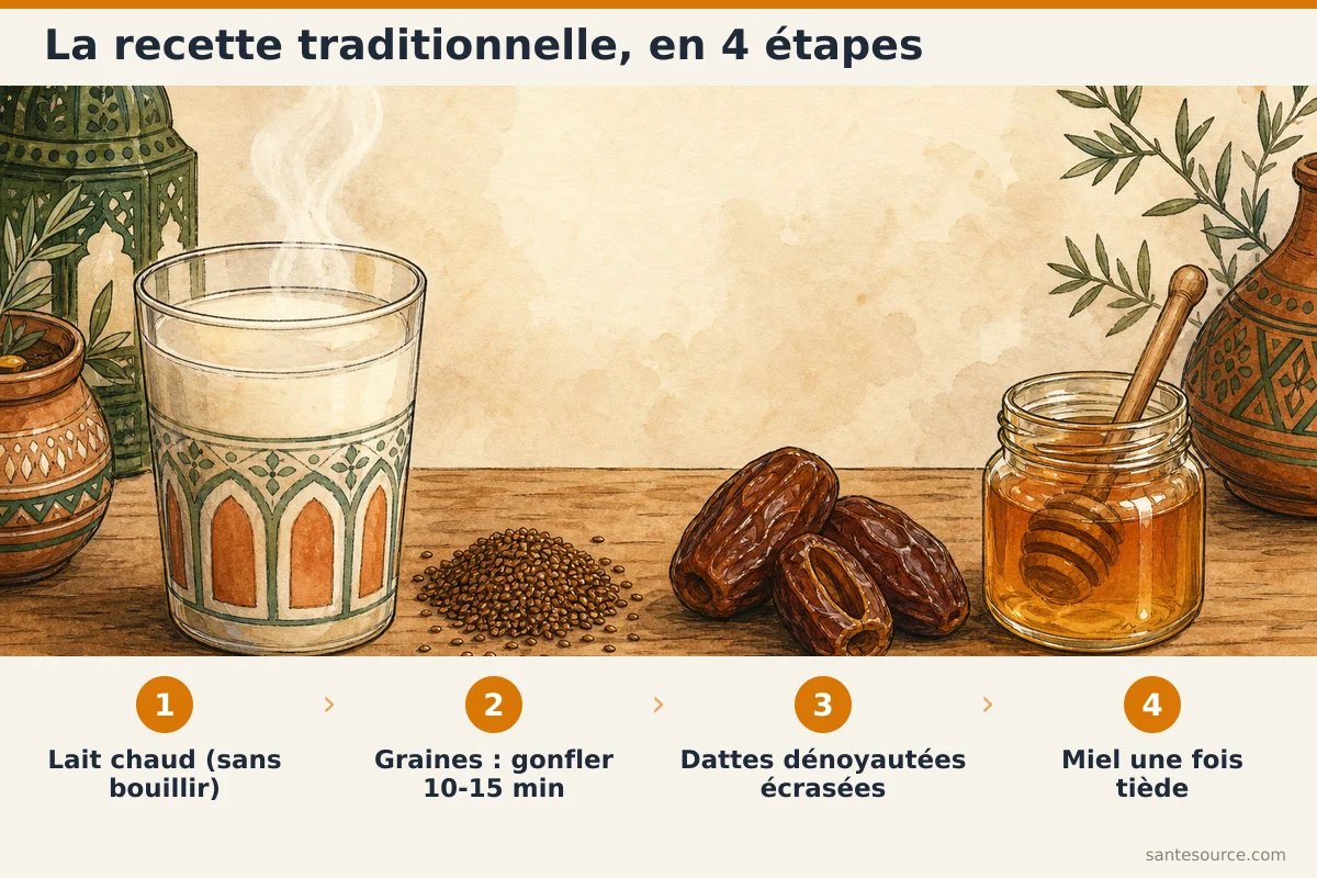Étapes de préparation du hab rchad dans le lait avec dattes et miel