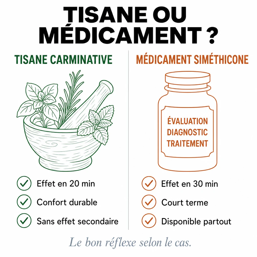 Comparaison tisane carminative vs siméthicone pour ventre gonflé