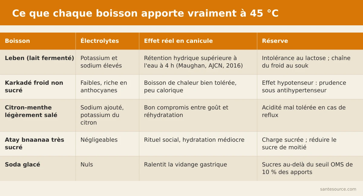 Comparaison des boissons marocaines en canicule : leben, karkadé, citron-menthe, atay bnaanaa et soda
