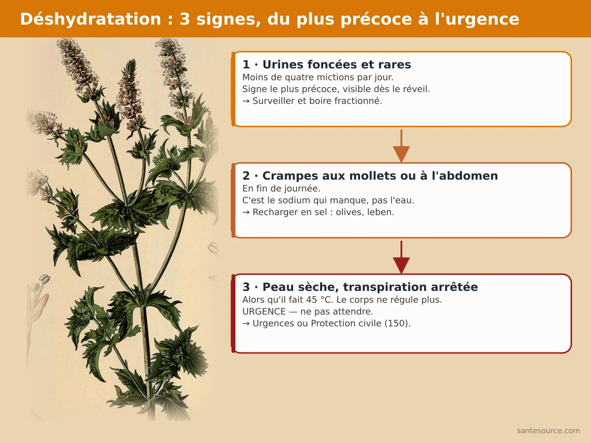 Schéma des trois signes de déshydratation en canicule : urines foncées, crampes, arrêt de la transpiration