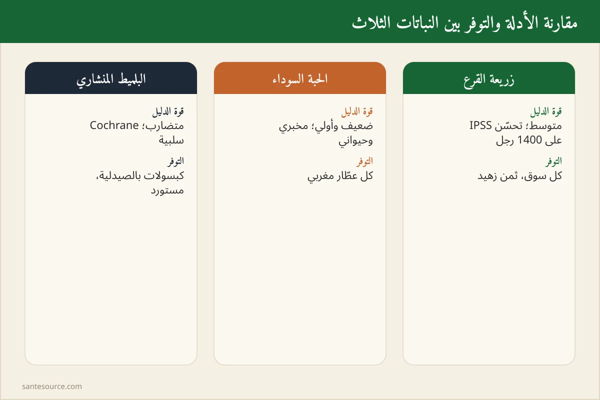 بطاقة مقارنة بين زريعة القرع وحبة السوداء والبلميط المنشاري حسب قوة الدليل والتوفر بالمغرب