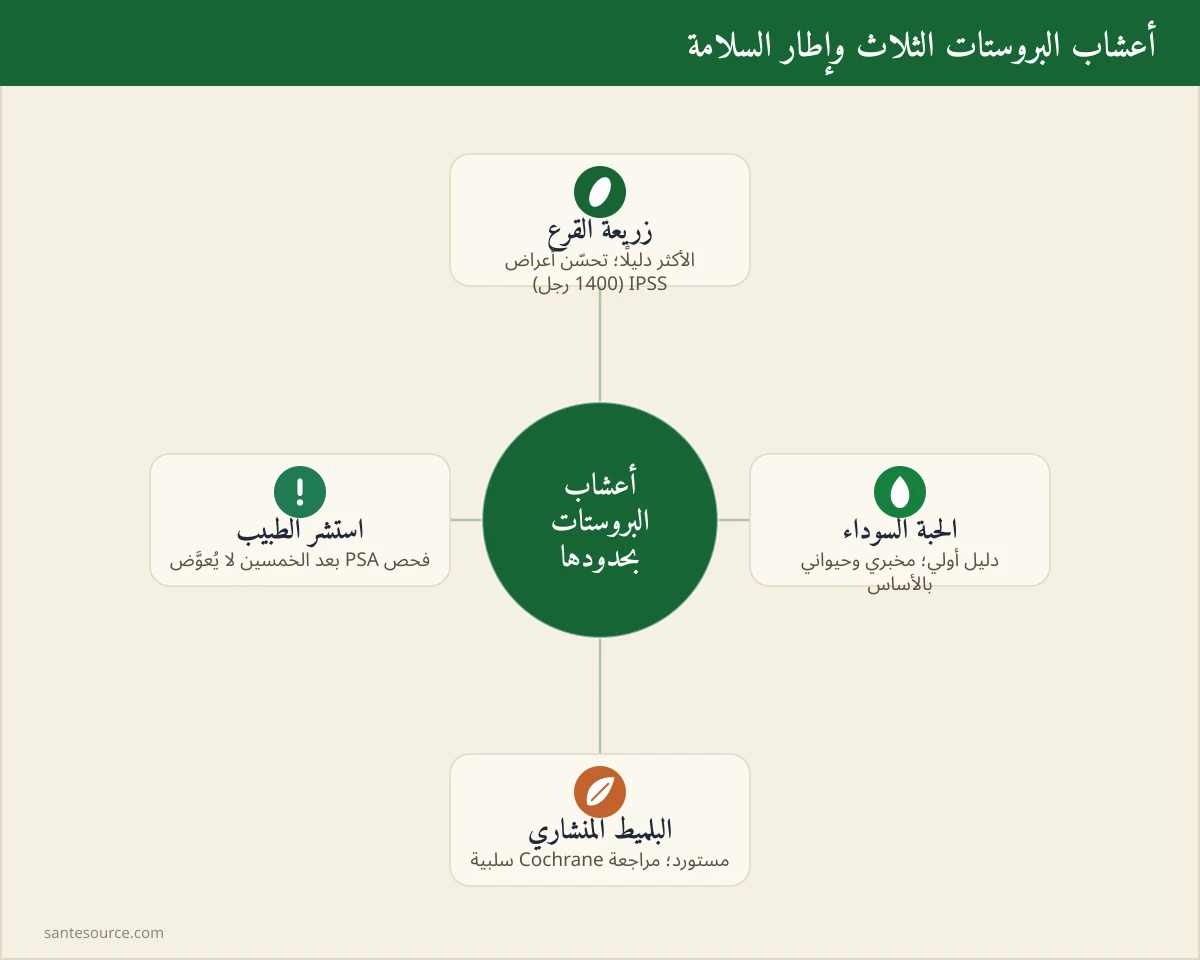 خريطة ذهنية تلخّص أعشاب تخفيف أعراض تضخم البروستات الحميد ومتى تُستشار الطبيب