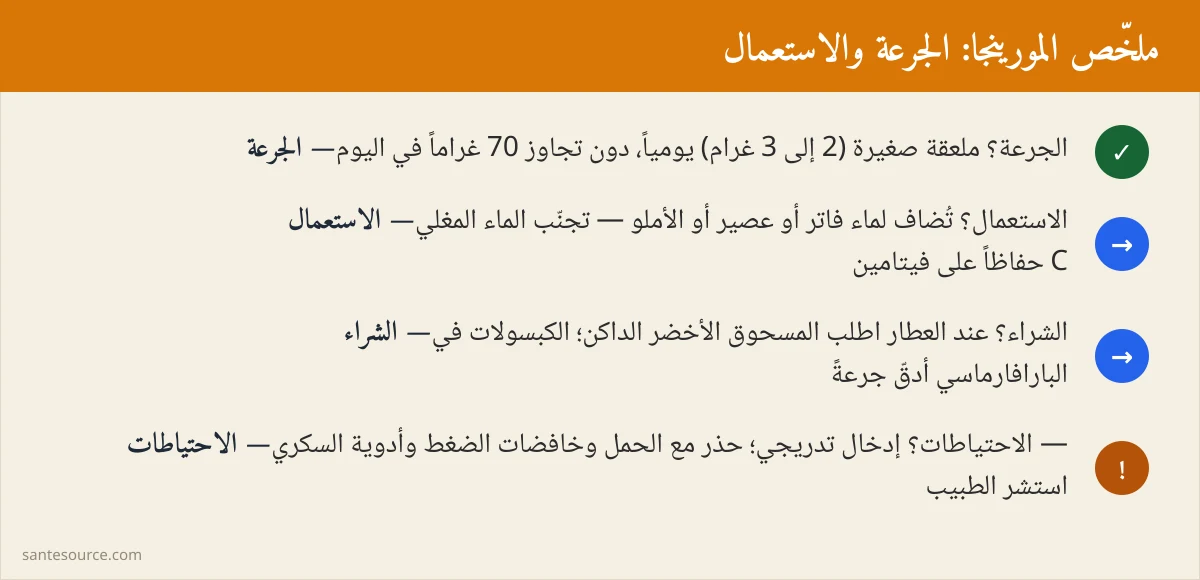 ملخص بصري لأهم نقاط المقال: الجرعة، طريقة الاستعمال، أماكن الشراء والاحتياطات