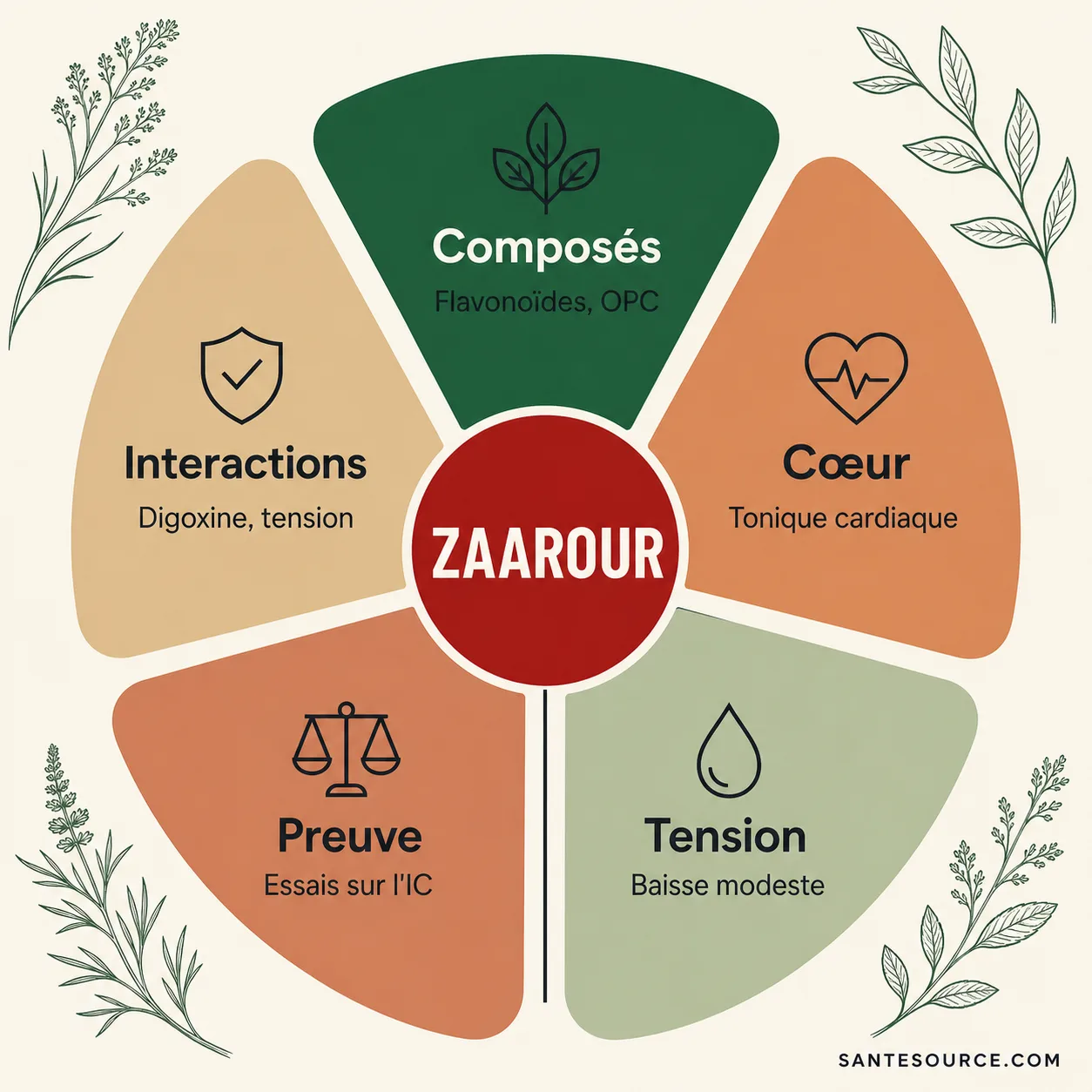 Carte mentale du zaarour (aubépine) : composés actifs, effets cardiaques et tension, précautions