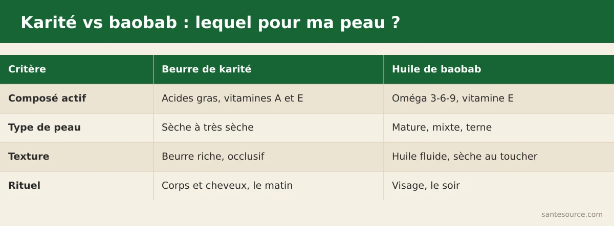 Comparaison côte à côte du beurre de karité et de l'huile de baobab : composé actif, type de peau, rituel