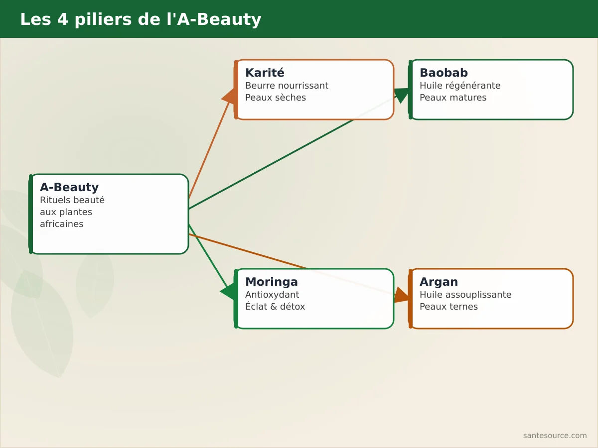 Carte mentale des quatre piliers de la A-Beauty : karité, baobab, moringa et argan avec leur usage cutané