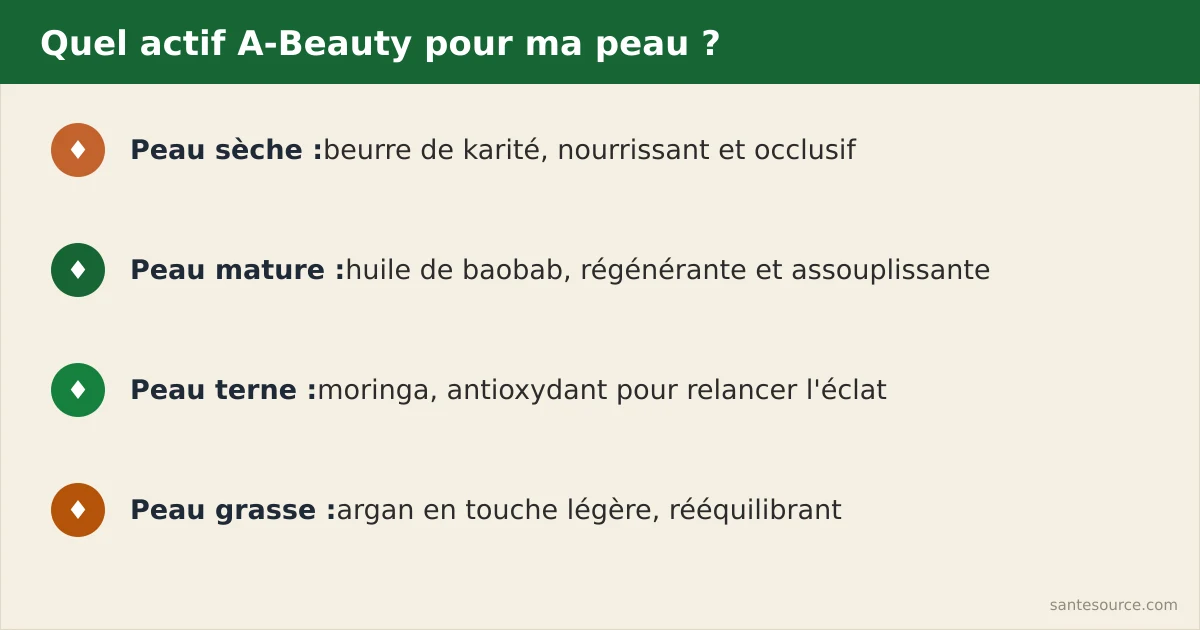 Récapitulatif des actifs A-Beauty à choisir selon le type de peau : sèche, mature, terne, grasse