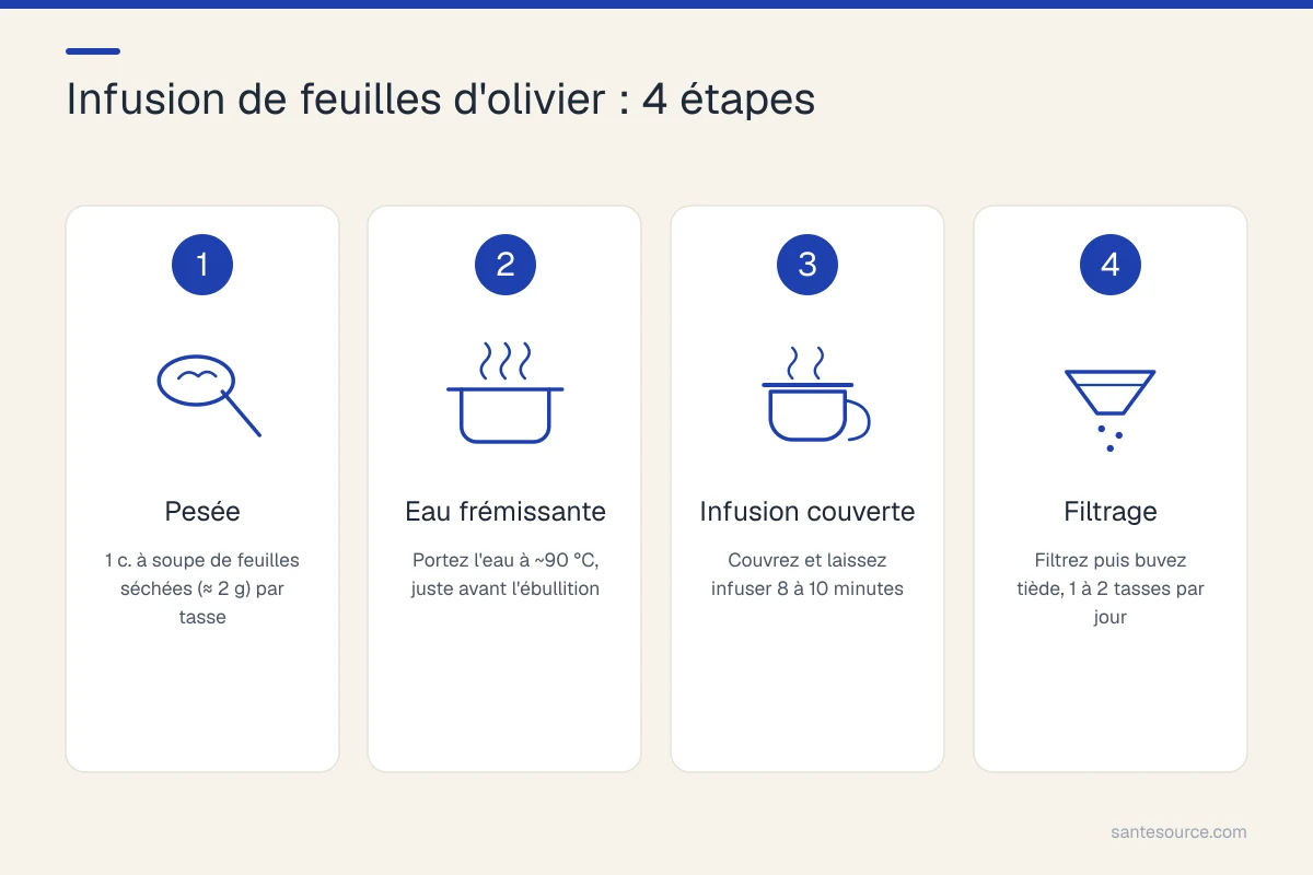 Étapes de préparation de l'infusion de feuilles d'olivier : pesée, eau frémissante, infusion couverte, filtrage