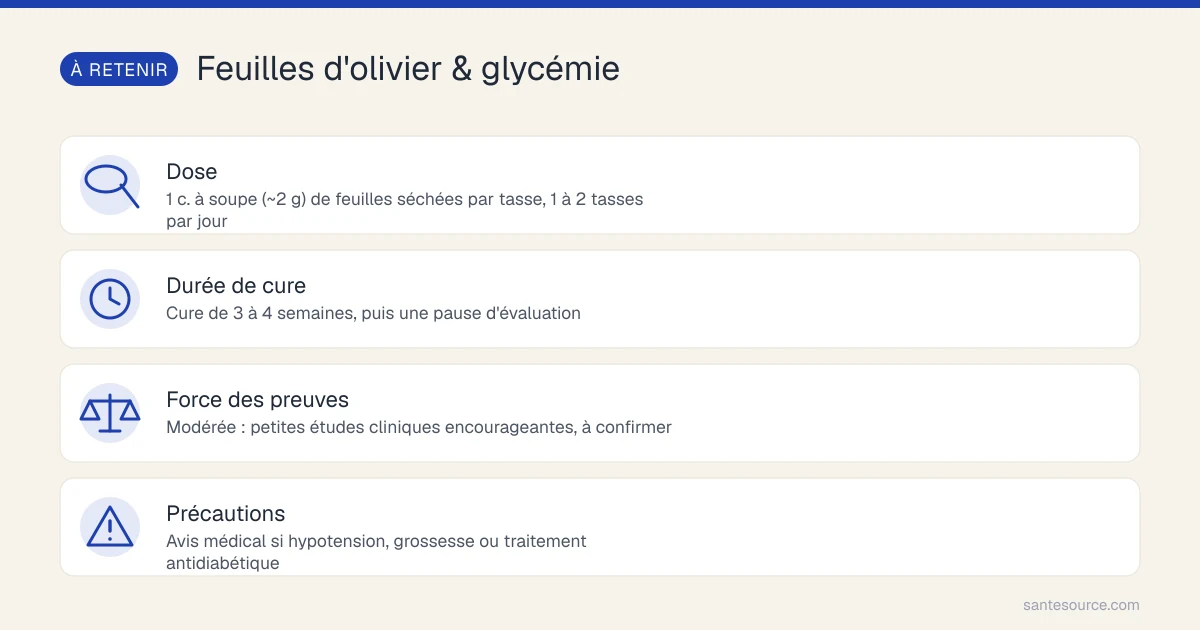 Récapitulatif : dose de feuilles d'olivier, durée de cure, force des preuves et précautions pour le diabète