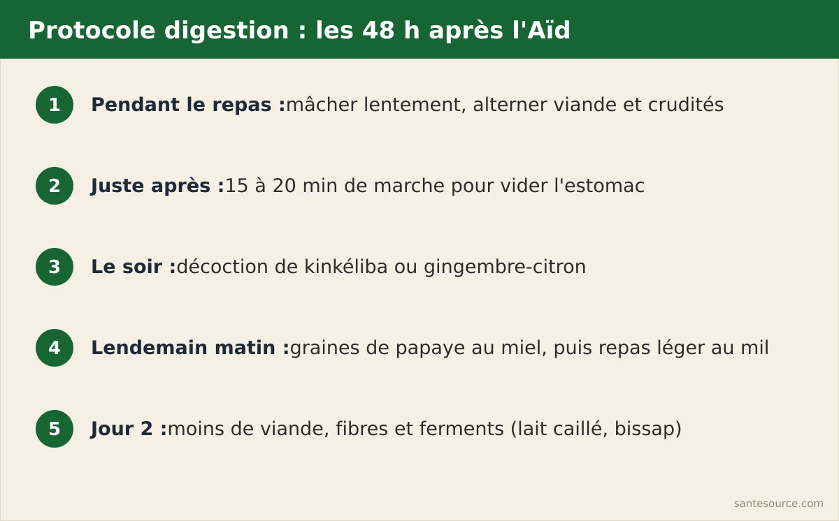 Protocole de digestion en 48 heures après l'Aïd : papaye, kinkéliba, gingembre et menthe avec les moments de prise