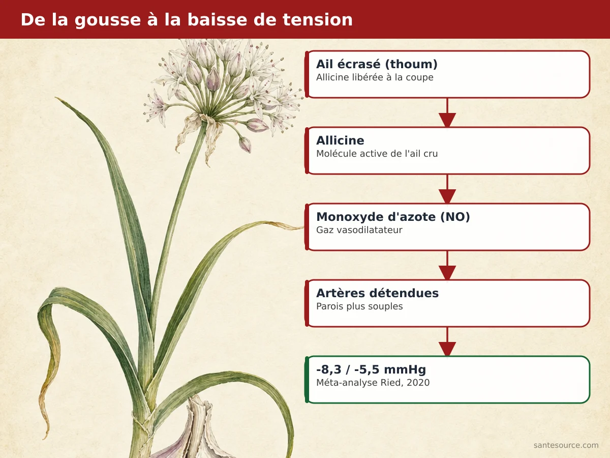 Carte mentale reliant l'ail thoum, l'allicine, le monoxyde d'azote et la baisse de tension artérielle