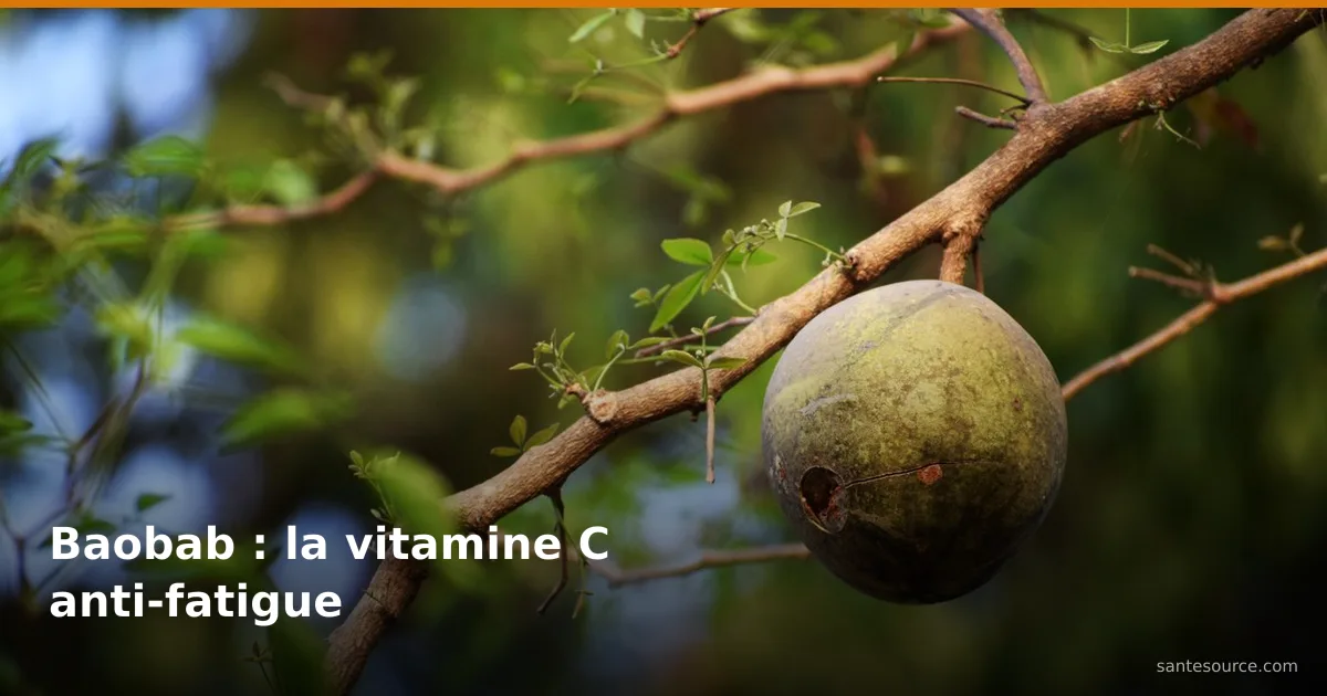 Fruit du baobab (pain de singe) suspendu à une branche, source de vitamine C anti-fatigue