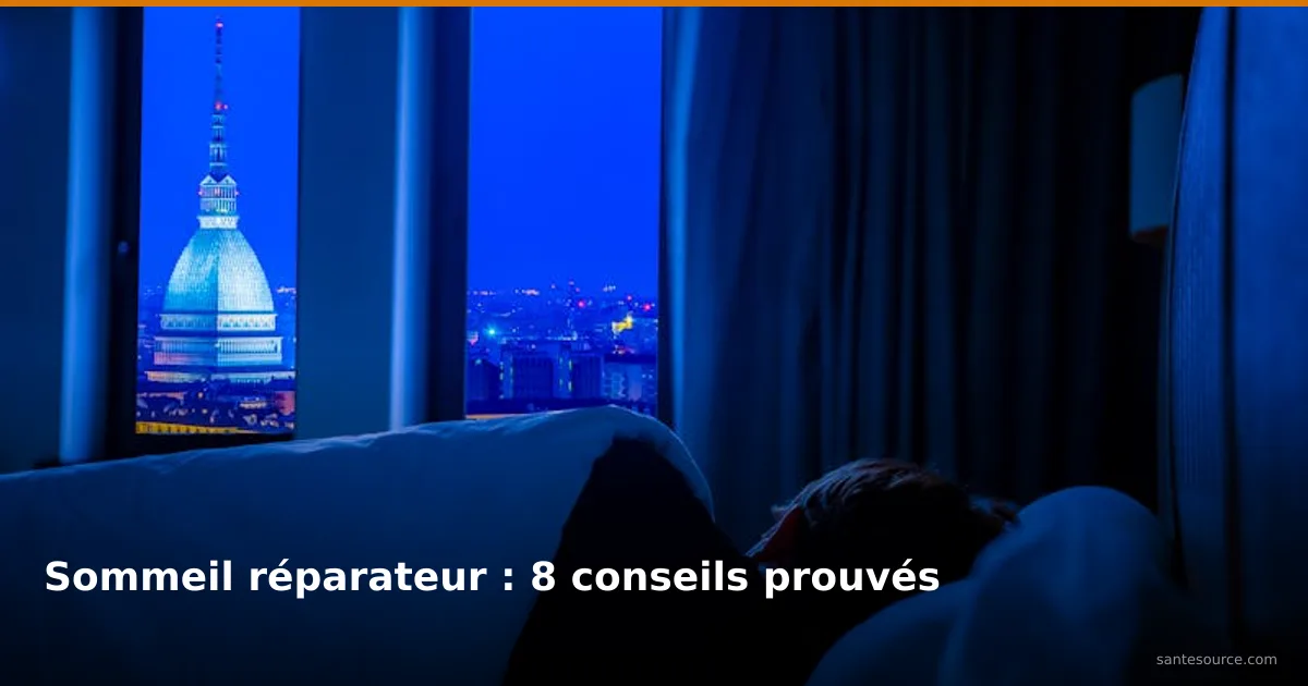 Personne endormie dans un lit avec vue nocturne sur la ville, conseils d'hygiène du sommeil réparateur