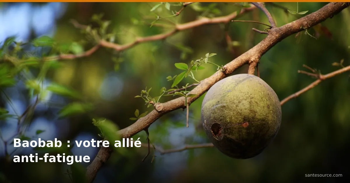 Fruit de baobab (pain de singe) suspendu à une branche, source de poudre de bouye