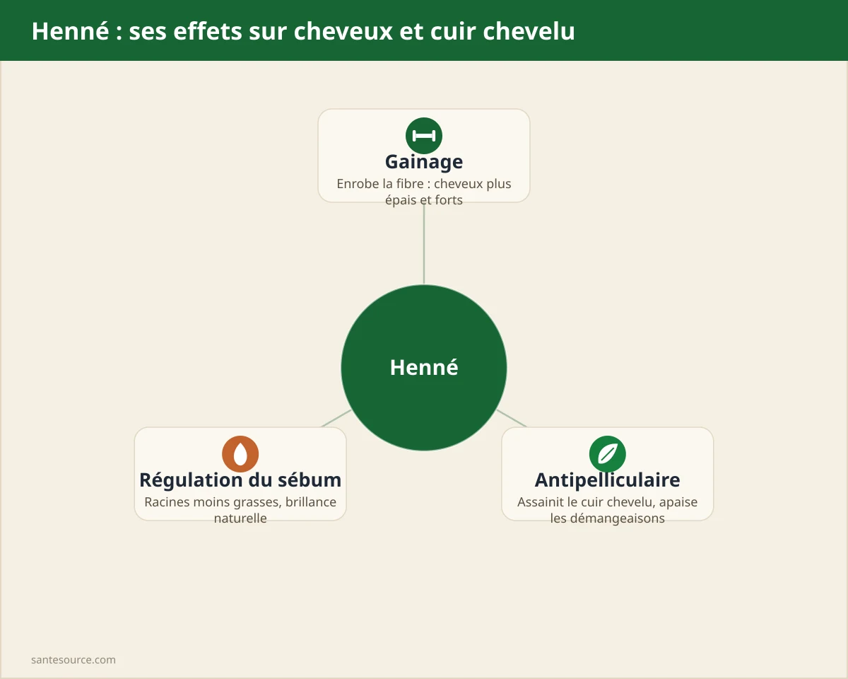 Carte mentale des bienfaits capillaires du henné : gainage, antipelliculaire, régulation du sébum