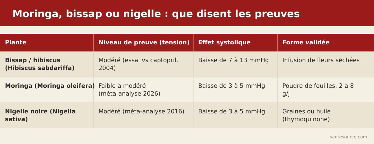 Comparaison moringa, bissap et nigelle sur le niveau de preuve et l'effet sur la tension systolique