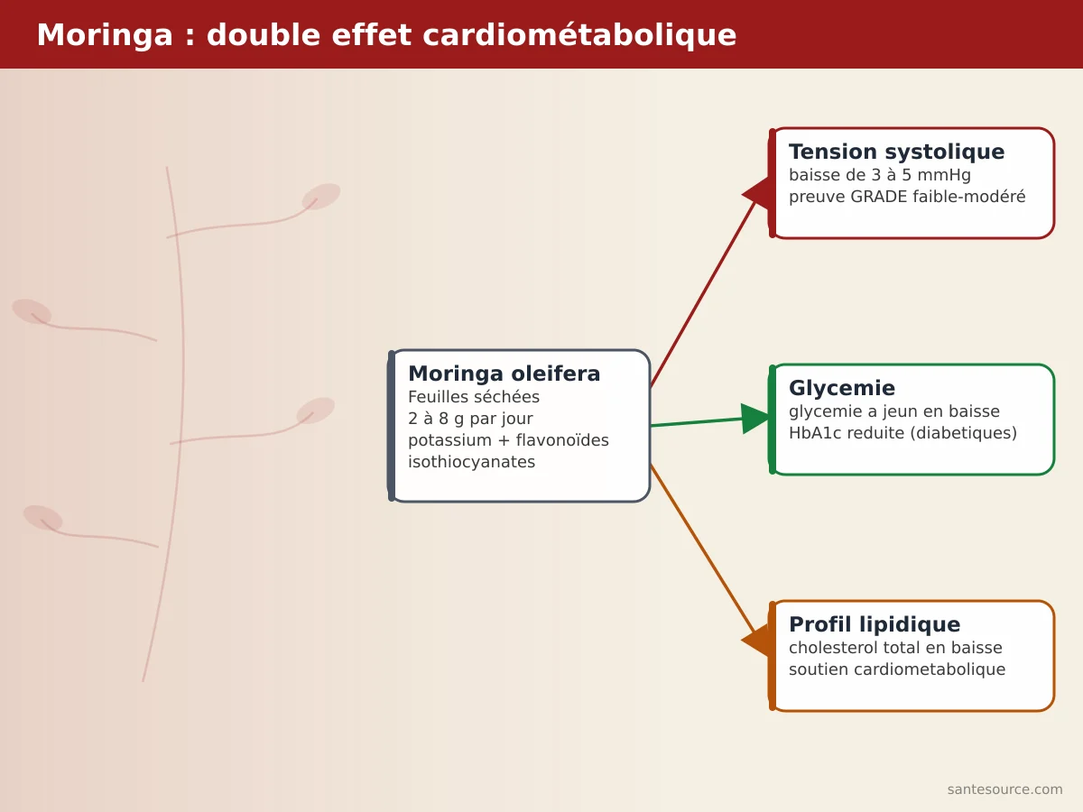 Carte mentale des effets du moringa sur la tension, la glycémie et les lipides d'après la méta-analyse 2026
