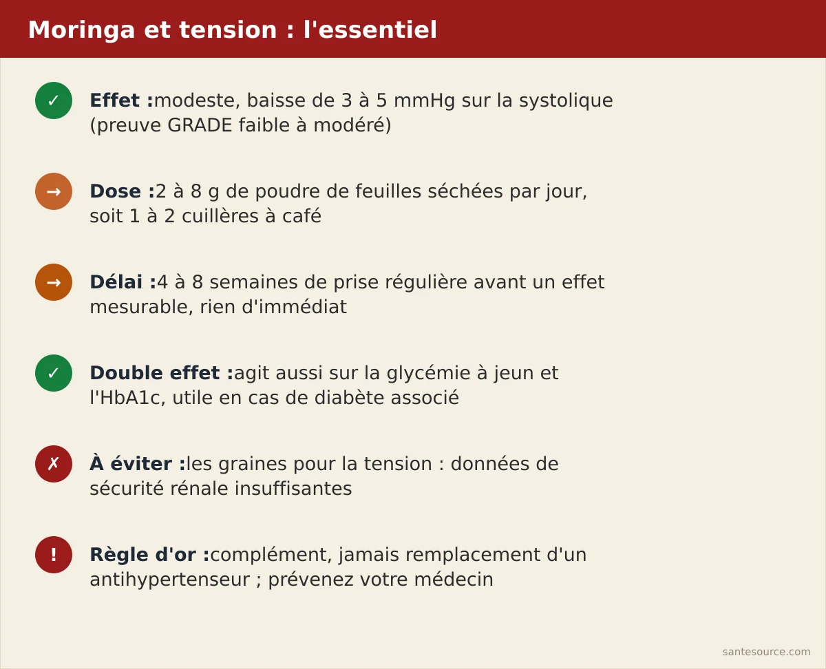 Récapitulatif des points clés sur le moringa et l'hypertension : dosage, délai, précautions