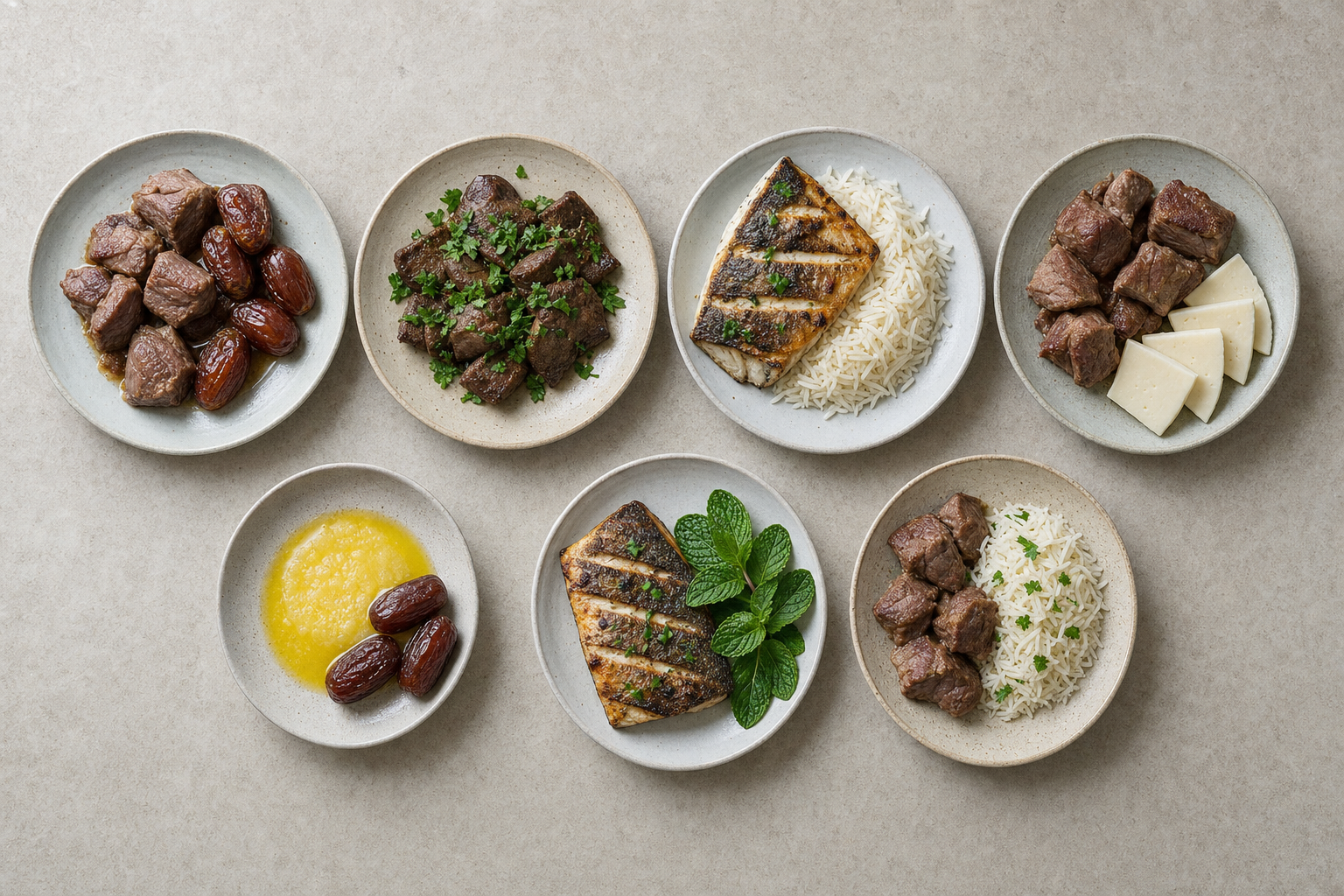 Grille à plat de sept assiettes représentant le menu d'une semaine type du régime Tayibat avec agneau, dattes, foie, poisson et fromage akawi
