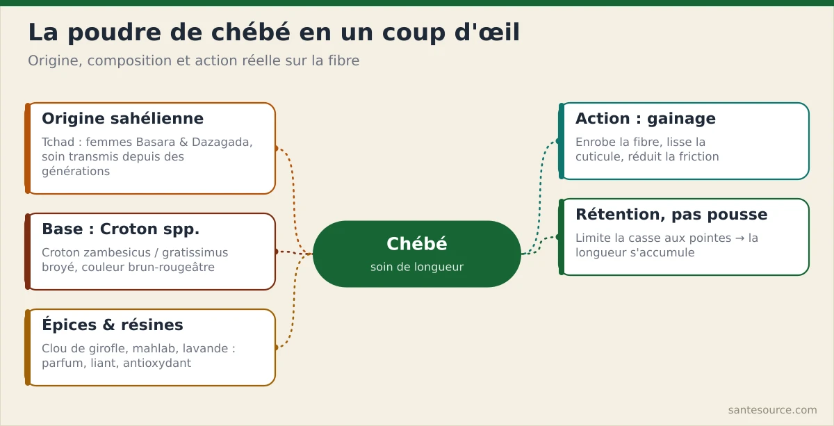 Carte mentale du chébé : origine sahélienne tchadienne, composition Croton et résines, action de rétention de longueur et usage sur les longueurs