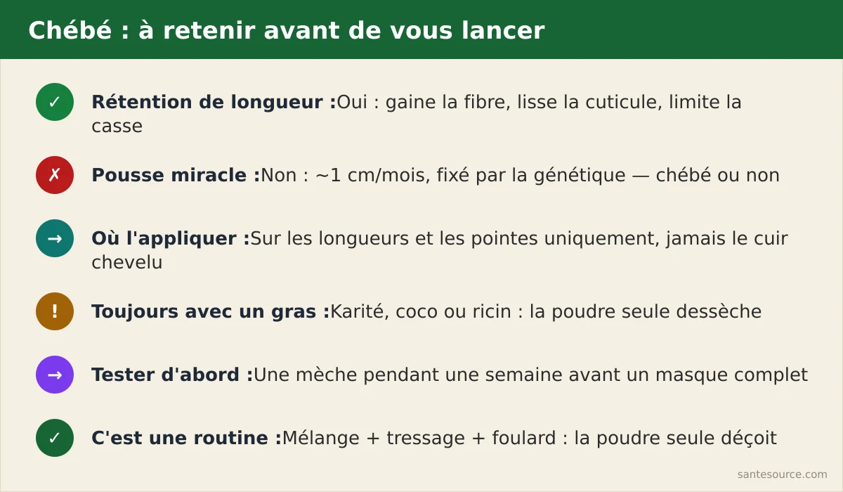 Récapitulatif des attentes réalistes du chébé : rétention de longueur oui, pousse miracle non, usage sur longueurs, test préalable sur mèche
