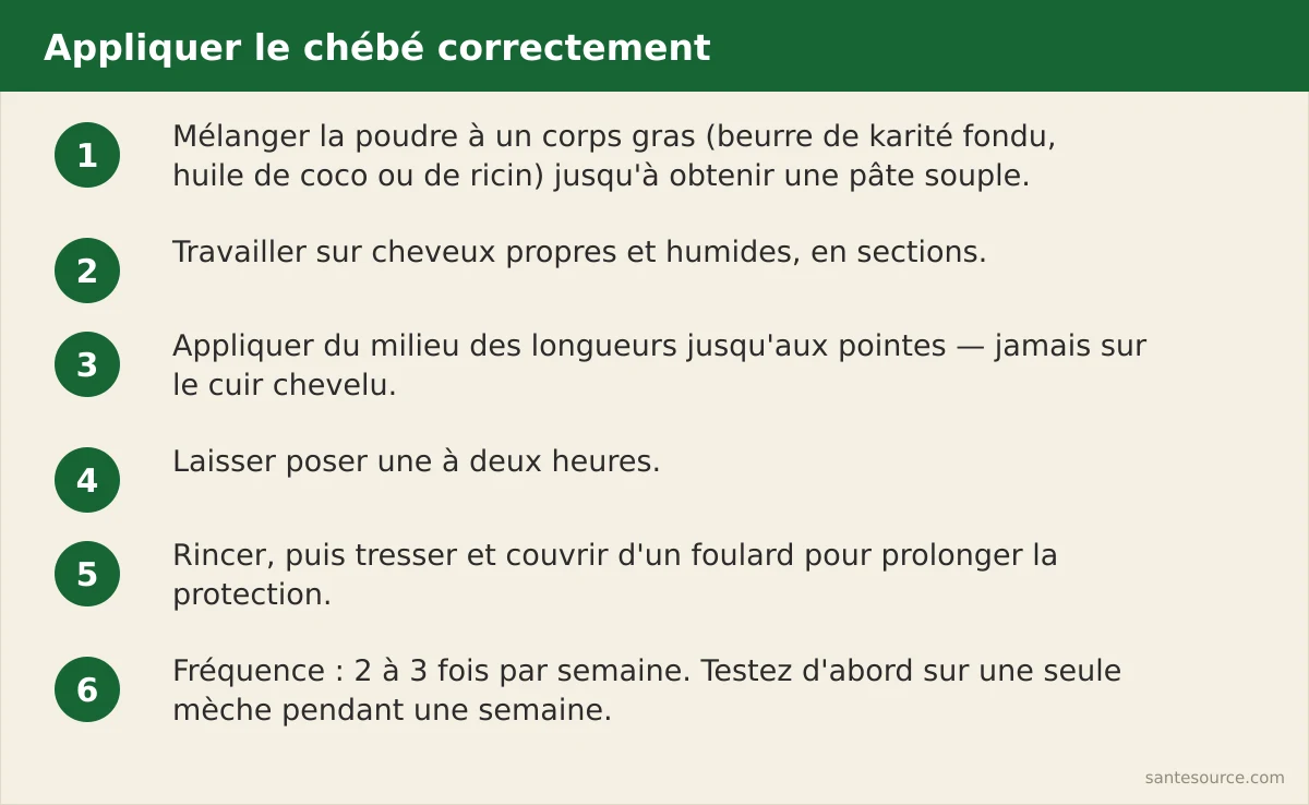 Étapes d'application de la pâte de chébé : mélange à un corps gras, application sur longueurs et pointes uniquement, pose puis rinçage