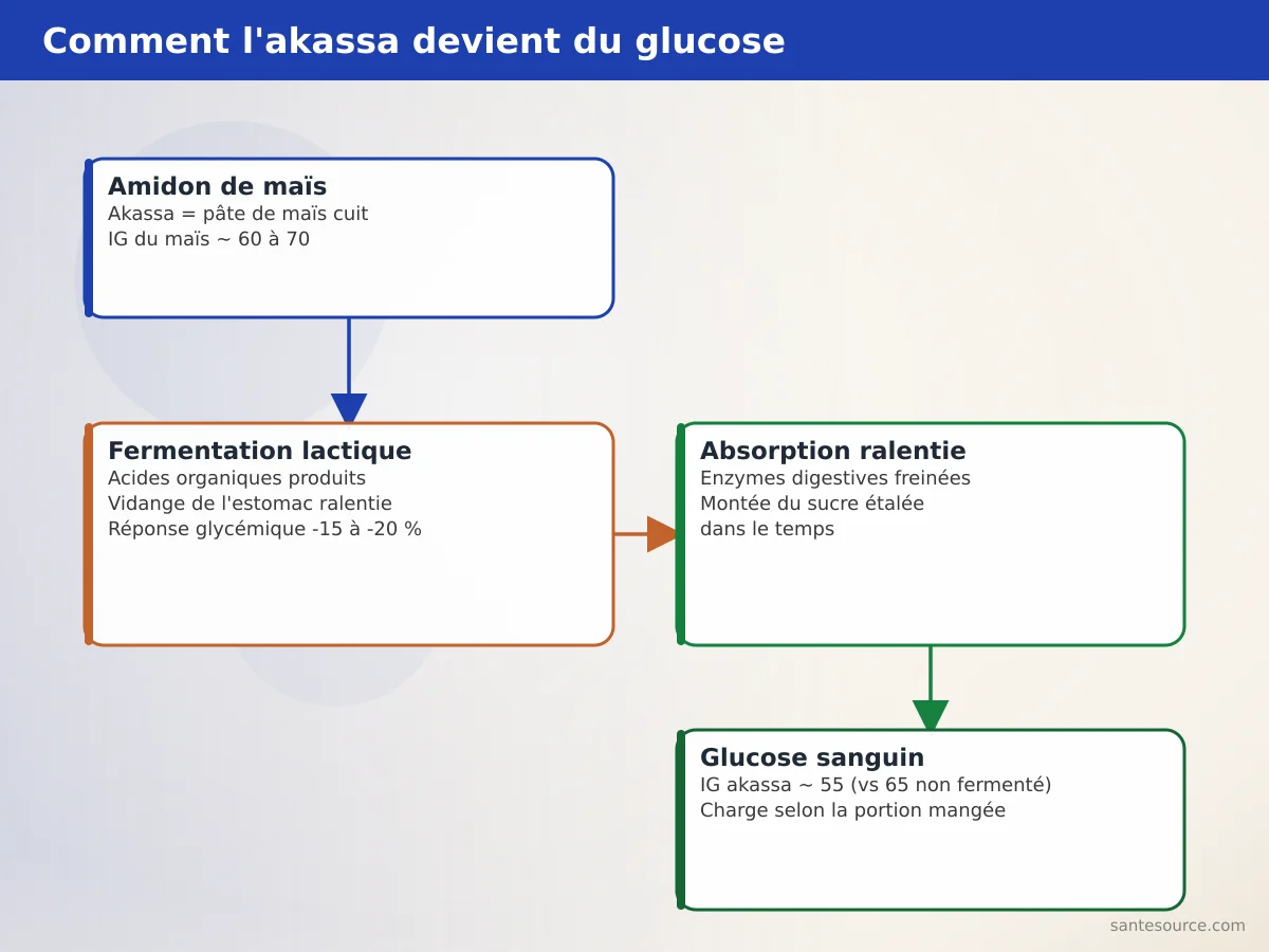 Schéma expliquant comment l'amidon de l'akassa se transforme en glucose et comment la fermentation ralentit l'absorption