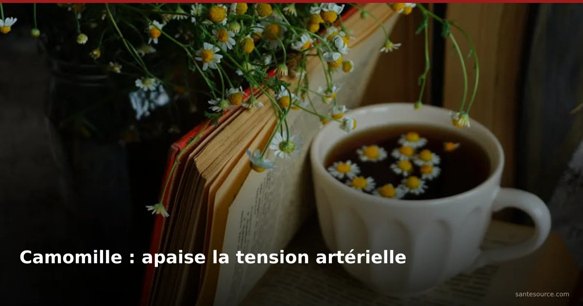 Tisane de camomille dans une tasse blanche avec fleurs fraîches, remède naturel contre l'hypertension