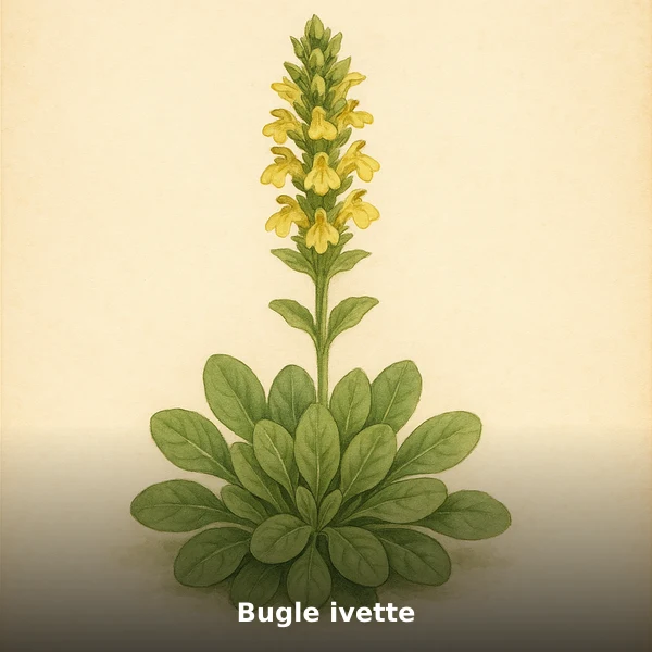 Illustration botanique aquarelle de Bugle ivette (Ajuga iva), plante médicinale africaine pour action hypoglycémiante documentée scientifiquement, style planche scientifique