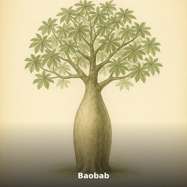 Illustration botanique aquarelle de Baobab (Adansonia digitata), plante médicinale africaine pour source exceptionnelle de vitamine c, style planche scientifique