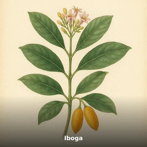 Illustration botanique aquarelle de Iboga (Tabernanthe iboga), plante médicinale africaine pour stimulant traditionnel documenté en pharmacopée bwiti, style planche scientifique