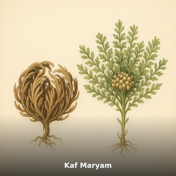 Illustration botanique aquarelle de Kaf Maryam (Anastatica hierochuntica), plante médicinale africaine pour soutient la fertilité féminine au maghreb, style planche scientifique