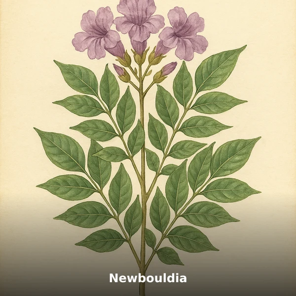 Illustration botanique aquarelle de Newbouldia (Newbouldia laevis), plante médicinale africaine pour favorise la fertilité du couple, style planche scientifique