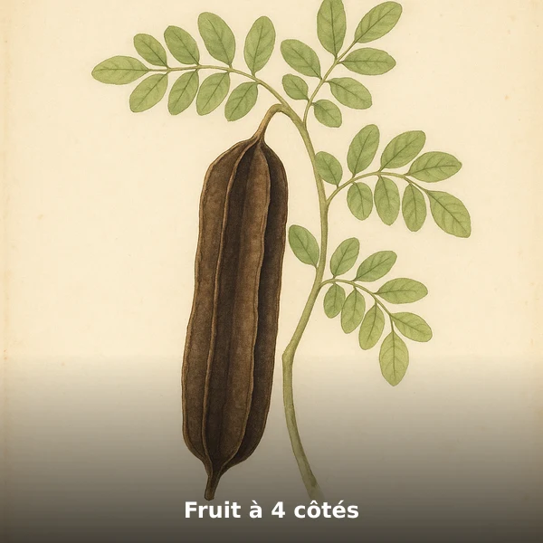Illustration botanique aquarelle de Fruit à 4 côtés (Tetrapleura tetraptera), plante médicinale africaine pour soutient le rétablissement post-partum, style planche scientifique