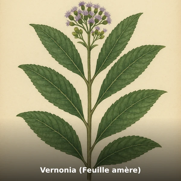 Illustration botanique aquarelle de Vernonia (Feuille amère) (Vernonia amygdalina), plante médicinale africaine pour aide à réguler la glycémie, style planche scientifique